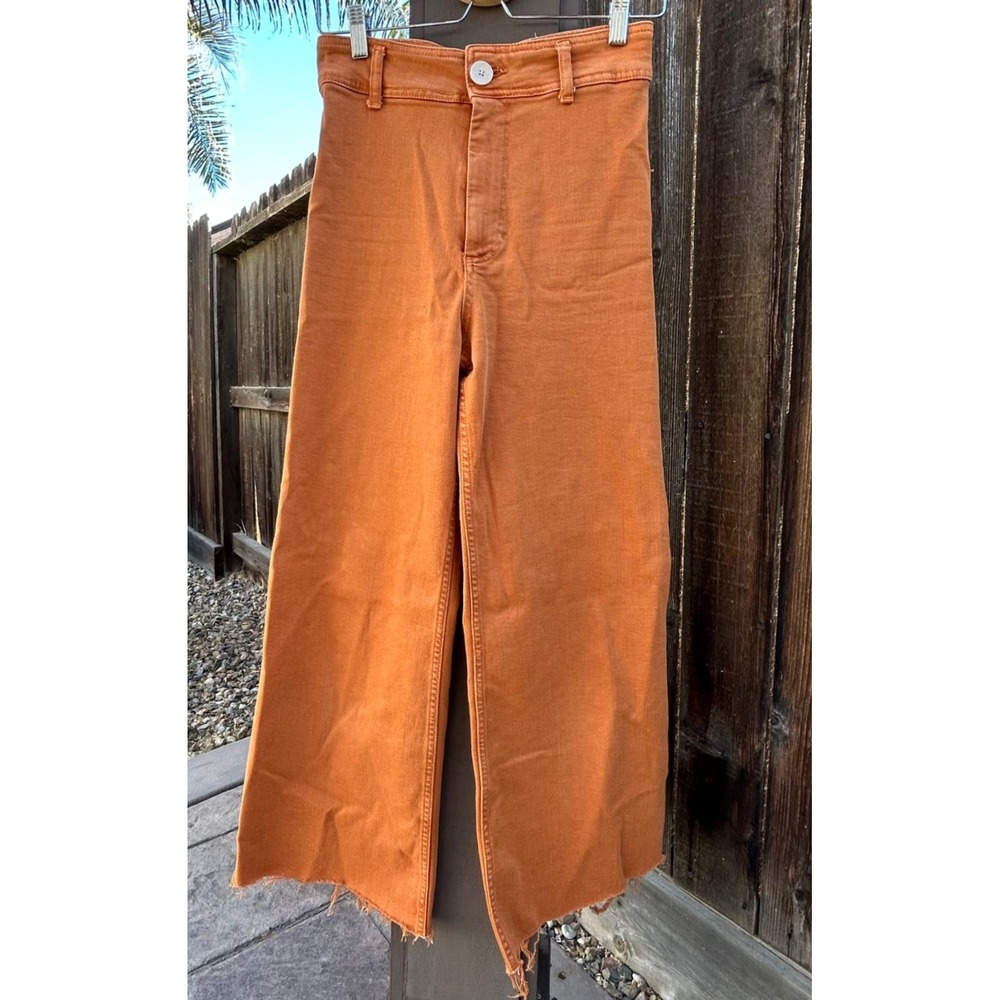 Zara Womens Size 4 Rust Orange High Rise Wide Leg Raw Hem Jeans